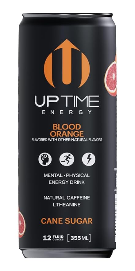 UPTIME Energy Drink Blood Orange Cane Sugar 12 Pack Vitamin C L Theanine Calcium Energy Drinks for Focus Support 142mg of Natural Caffeine per Serving Clean Natural Non GMO 12 fl oz Cans