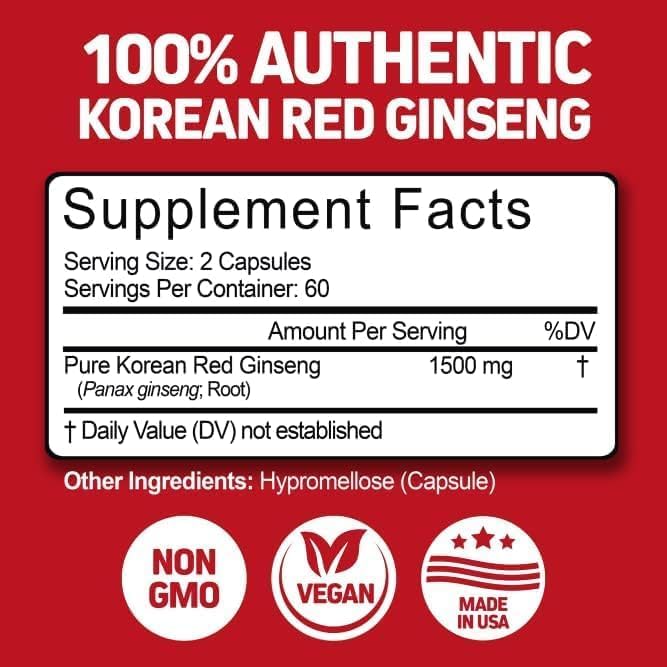 Herbtonics Korean Red Panax Ginseng 1500mg - Energy Supplement for Peak Performance Focus &amp Vitality - High Potency Ginseng Root Extract - 120 Vegan Capsules