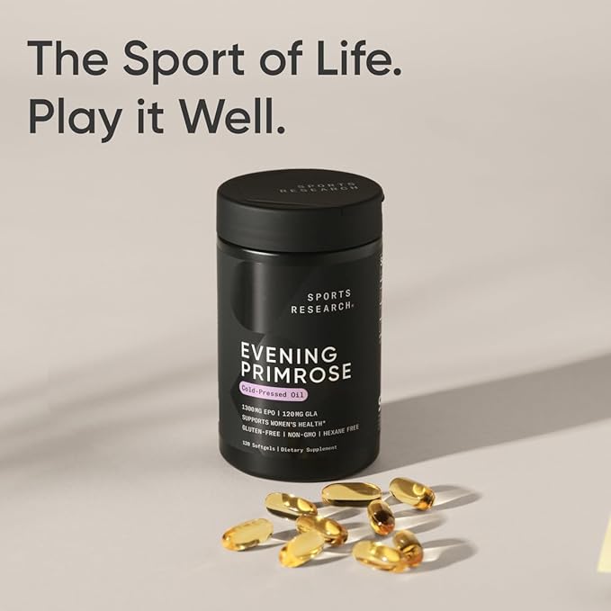 Sports Research Evening Primrose Supplement from Cold Pressed Oil - Softgels for Women’s Health &amp Skin Health - Gluten Free &amp Non-GMO GLA - High Potency 1300mg 120 Count