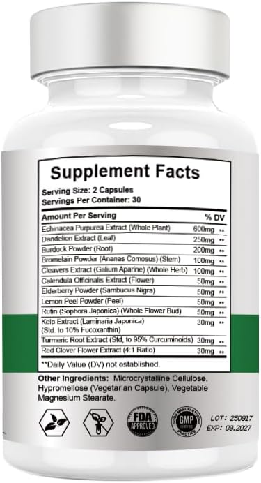 1540mg Lymphatic Drainage Supplements Lymph System Support Supplement for Women Men with Dandelion | Cleavers | Burdock | Echinacea | RutinReduce Swelling Lymphatic Cleanse &amp Detox 60 Capsules