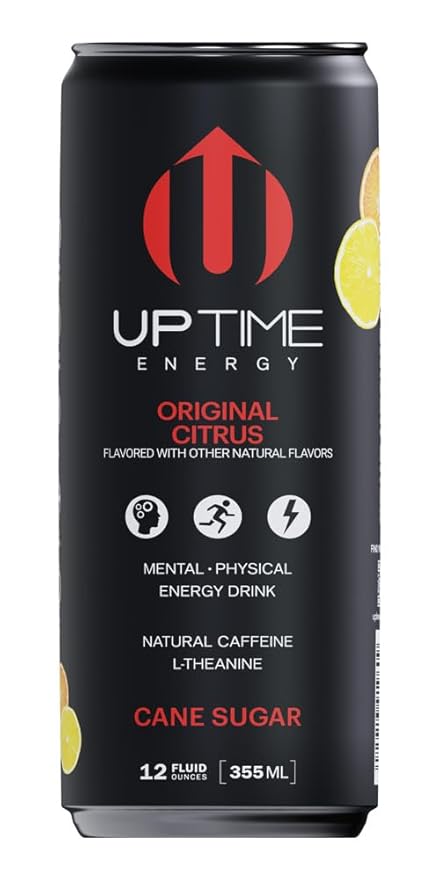 UPTIME Energy Drink Original Citrus Cane Sugar 12 Pack Vitamin C L Theanine Calcium Energy Drinks for Focus Support 142mg of Natural Caffeine per Serving Clean Natural Non GMO 12 fl oz Cans