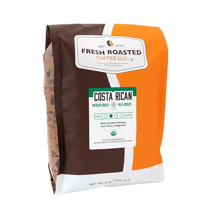 Fresh Roasted Coffee Organic Costa Rica | USDA Organic 100% Single Origin Kosher | Medium Roast 5 lb (80 oz) Whole Bean