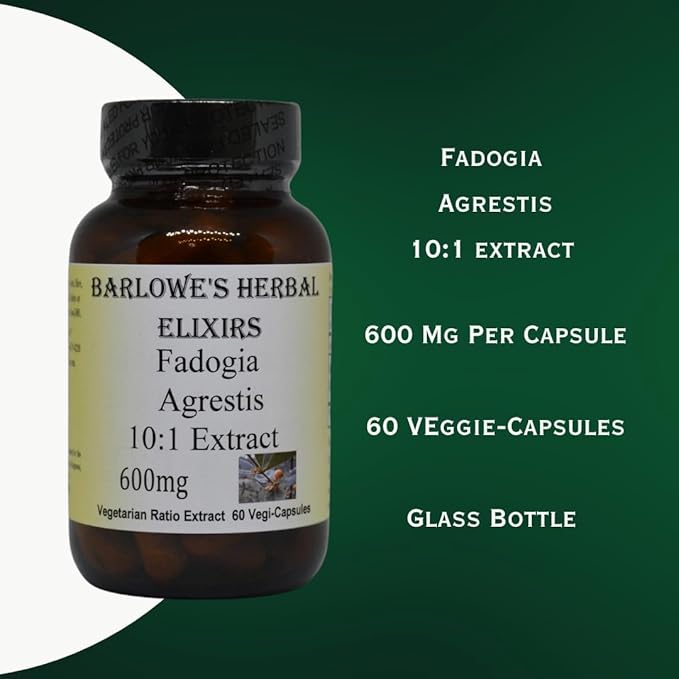 Barlowe's Herbal Elixirs Fadogia Agrestis Extract - 60 600mg VegiCaps - Stearate Free Glass Bottle!