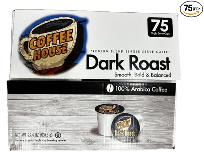 Coffee House Premium Single Serve Coffee Dark Roast 75 count.
