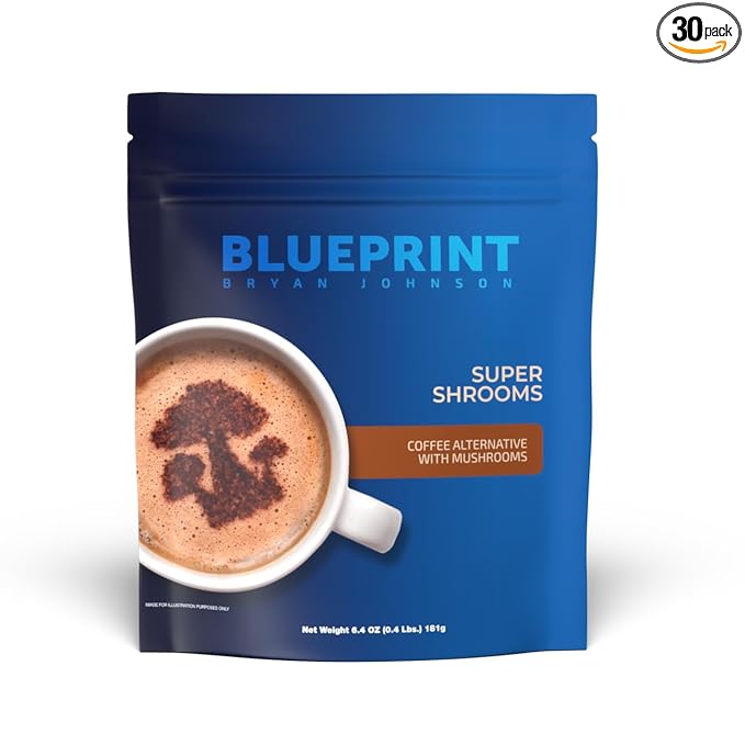 Blueprint Bryan Johnson Super Shroom Coffee – Mushroom Coffee with Lion’s Mane Reishi &amp GABA – 70mg Caffeine – Focus &amp Energy Coffee – Adaptogenic Coffee Alternative – 30 Servings