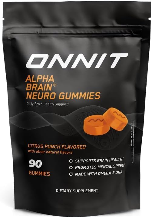 ONNIT Alpha Brain Neuro Focus Gummies IGEN Non-GMO Tested Vegan Gummies with Omega-3s Lutein Zeaxanthin and Caffeine Brain Eye and Focus Supplement for Men and Women Citrus Punch 90 Count