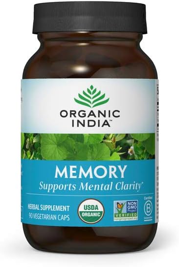 ORGANIC INDIA Memory Herbal Supplement - Supports Mental Clarity &amp Healthy Nervous System Immune Support Vegan Gluten-Free Kosher USDA Certified Organic Non-GMO - 90 Capsules