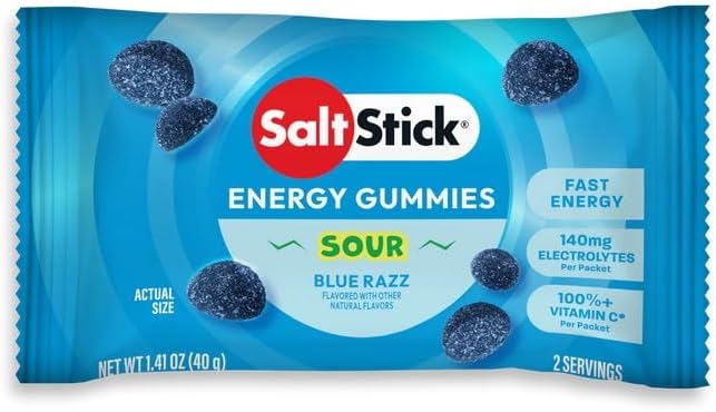 SaltStick Energy Gummies with Electrolytes Sour Blue Razz Easy to Chew Electrolyte Gummy Energy Chews that Taste Great. 10 Packs 80 Gummies