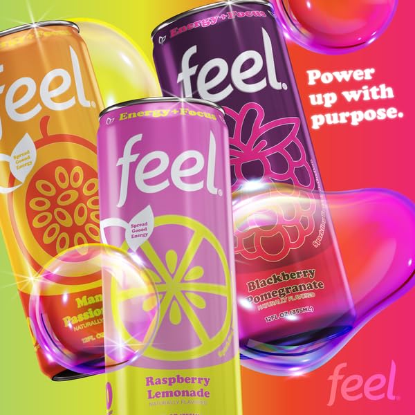 FEEL Zero Sugar Natural Energy Drink Variety Pack – Blackberry Pomegranate Mango Passionfruit &amp Raspberry Lemonade 140mg Plant-Based Caffeine with L-Theanine for Focus Vitamin C for Immunity V