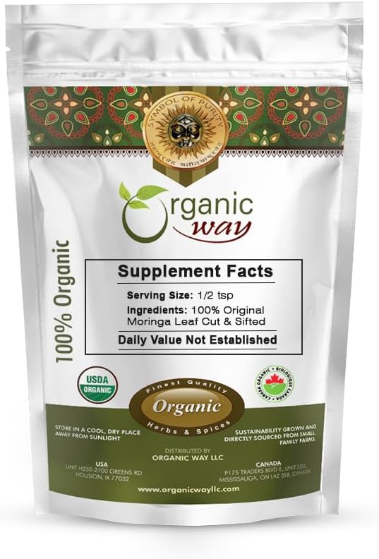 Organic Way Moringa/Drumstick Leaf Cut &amp Sifted (Moringa oleifera) | Herbal Tea - Organic &amp Kosher Certified | Vegan | Non GMO &amp Gluten Free | USDA Certified | Origin - India (1LBS / 16OZ)