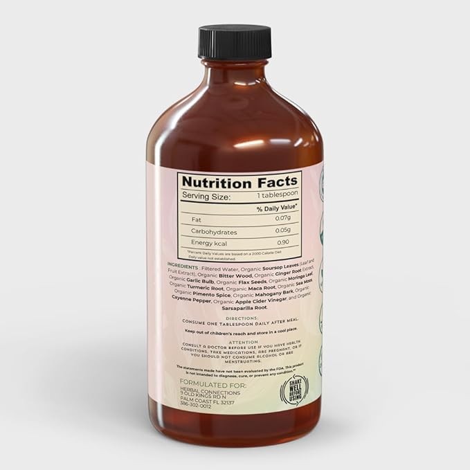 Soursop Bitters Liquid 32 Ounces - 64 Servings - 20 Herb Formula with Soursop Moringa Sea Moss Turmeric Ginger &amp Cayenne | Gut Health Natural Cleanse &amp Daily Wellness | Vegan &amp Organi