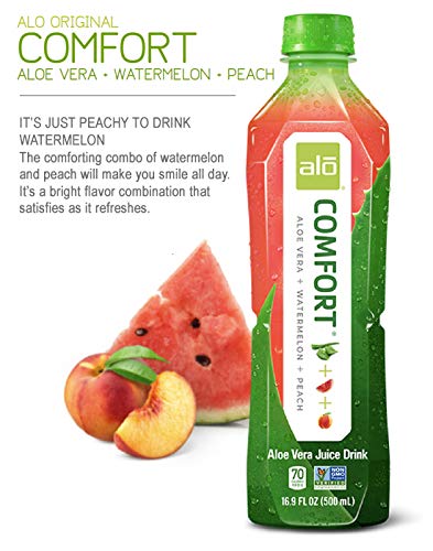 ALO Aloe Vera Juice Drink | COMFORT - Watermelon + Peach | 16.9 fl oz Pack of 12 |Plant-Based Drink with Real Aloe Pulp