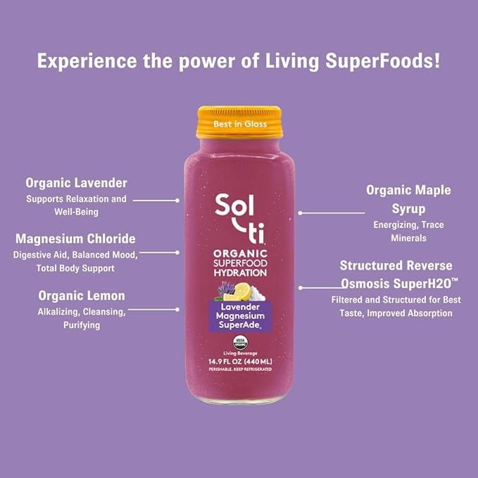 Organic SuperAde Hydration Drink Digestive Health + Balanced Mood SuperFood Lemonade by Sol-ti Cold-Pressed Lavender Magnesium &amp Lemon Juice Blend16 Pack (14.9 Fl oz)