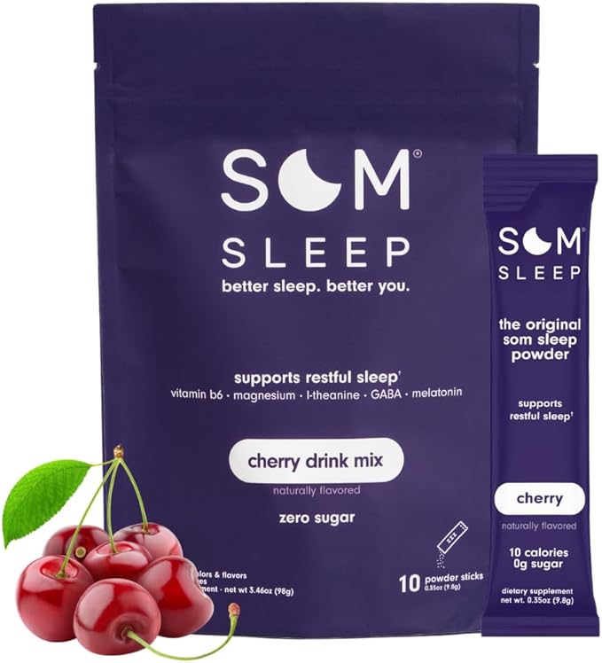 Som Sleep Restful Sleep Powder Drink Mix w/Melatonin Magnesium Vitamin B6 L-Theanine &amp GABA – Vegan Zero Sugar Keto Friendly – Cherry 20-Pack