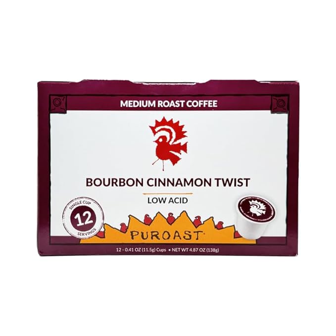 Puroast Low Acid Bourbon Cinnamon Twist Coffee Pods 12 Count – 5X Less Acid 5X Higher Antioxidants Smooth Flavored Coffee K-Cup Compatible No Bitterness Easy on Stomach