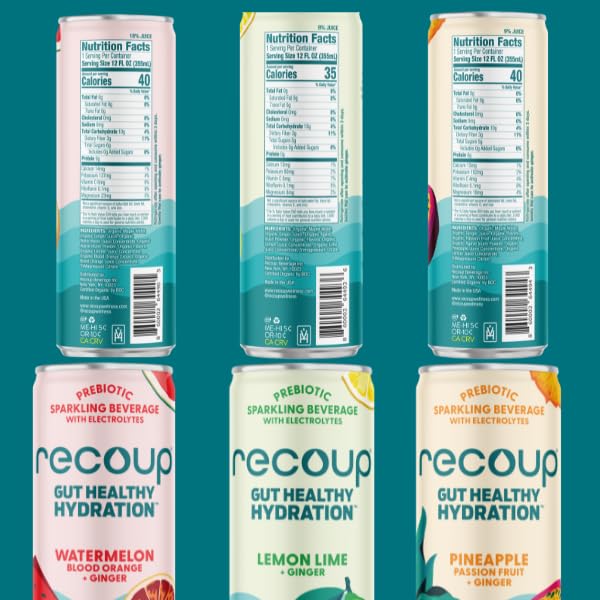 Recoup Organic Sparkling Prebiotic Drink - Variety + Ginger with Electrolytes for Gut Health Support &amp Hydration No Added Sugar ((Pack of 6) Variety)