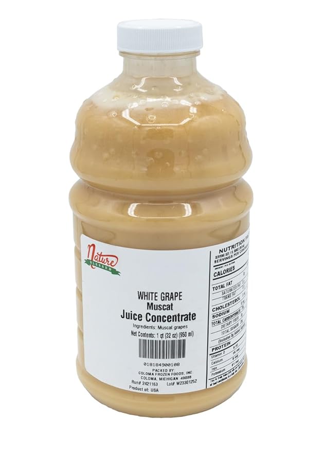 Nature Blessed 100% Pure Muscat White Grape Fruit Juice Concentrate - 1 Quart (1/32 fl oz bottle) Applications: Excellent for Home Wine Making Brewing Distilling Smoothies Mead Jelly