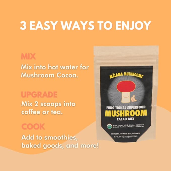 Malama 8-Mushroom Hot Cacao Mix Organic Chocolate Blend Mushroom Powder for Focus &amp Inmune Support – with Lion's Mane Reishi Chaga Turkey Tail – Vegan Supplement 3.5 oz (50 Servings)