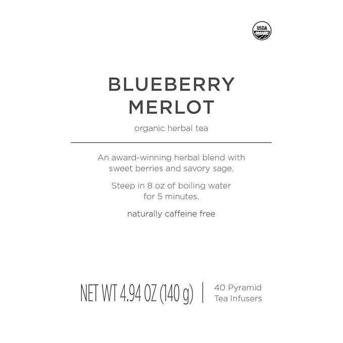 Tea Forte Blueberry Merlot Premium Organic Caffeine-Free Herbal Tea Blend Event Box Bulk Pack 40 Count 10 per tray Individually Wrapped Handcrafted Pyramid Infusers