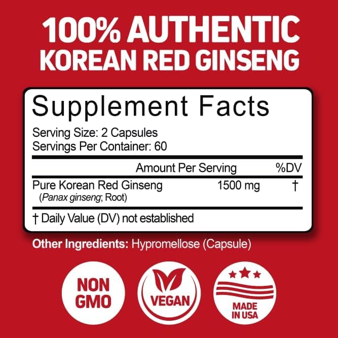 Herbtonics Korean Red Panax Ginseng 1500mg - Energy Supplement for Peak Performance Focus &amp Vitality - High Potency Ginseng Root Extract - 120 Vegan Capsules