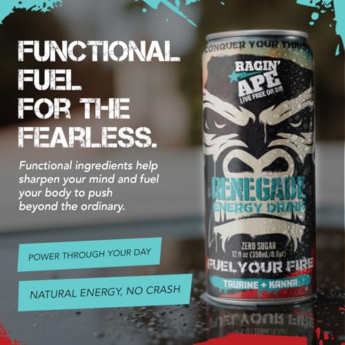 Ragin' Ape Renegade Energy Drink Multipack Vegan Friendly 12 oz Cans with Taurine Kanna and Caffeine Low Calorie Carbonated Beverage For Bold Clean Energy Fuel 24 Pack