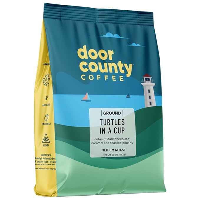 Door County Coffee - Turtles in a Cup - Toasted Pecans &amp Chocolate Flavored Coffee - Medium Roast - Ground 20 oz Bags