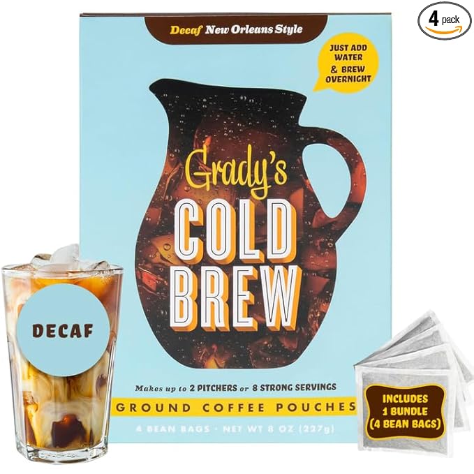 GRADY’S COLD BREW New Orleans Style - DECAF 100% Arabica Ground Coffee &amp Chicory Pouches ONE Bundle of 4 Easy-to-Brew Bean Bags Makes 12 drinks