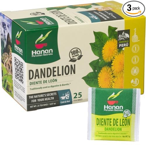 Hanan Peruvian Secrets Diente De Leon Herbal Tea | 100% Natural Dandelion Leaves | 25 Tea Bags | Naturally Supports Digestion | Soothes Occasional Stomach Discomfort - 3 Pack