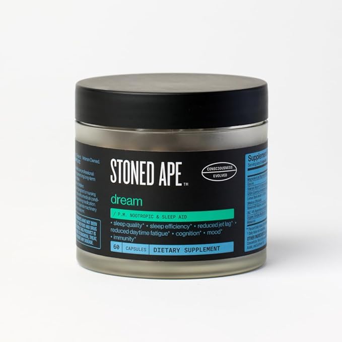 Stoned Ape Dream - Nootropic &amp Adaptogen Sleep Aid - Supports Sleep &amp Recovery - Venetron Valerian Root Melatonin Mg GABA Lemon Balm Shiitake - Keto Paleo Vegan - NSF Sport Certified