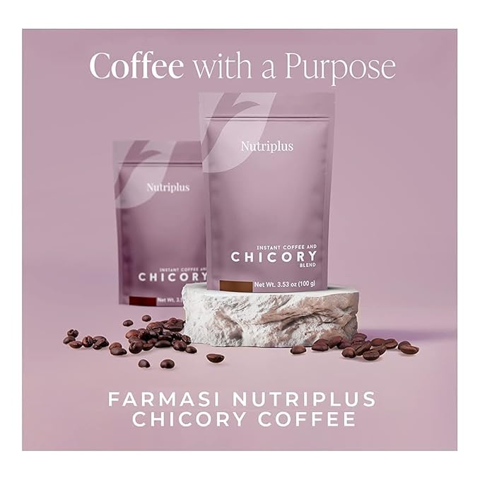 FARMASi 2 PACK Nutriplus Instant Coffee and Chicory Blend Medium Roast Low Caffeine Coffee Alternative Vegan Soluble Beverage with Chicory Root 3.53 oz Each