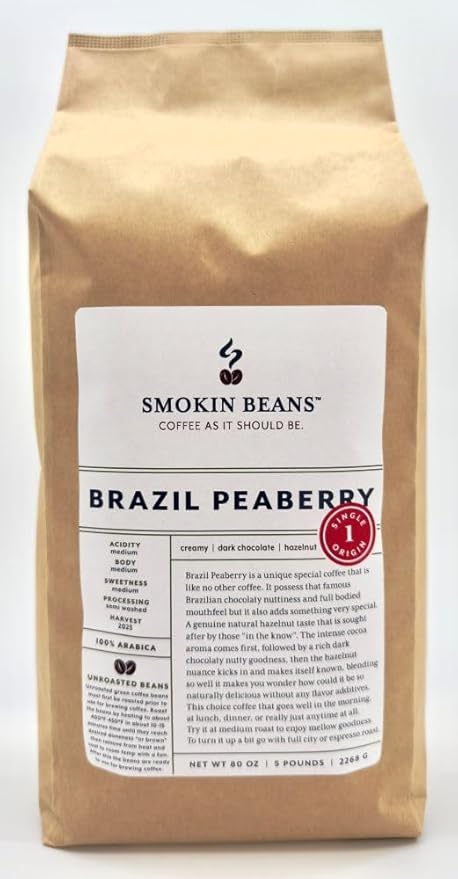 5-Pound Brazil Peaberry Unroasted Green Arabica Coffee Beans Fresh Current Crop Specialty Grade Roast the Beans Yourself at Home on Your Roasting Equipment Prior to Using for Brewing Coffee