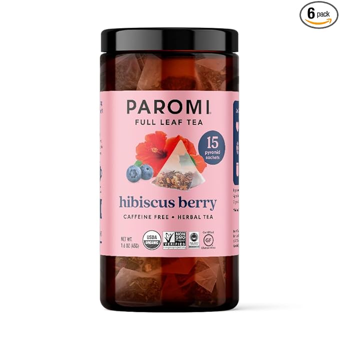 Paromi Hibiscus Berry Organic Herbal Tea Signature Jar 15 Count (Pack of 6)