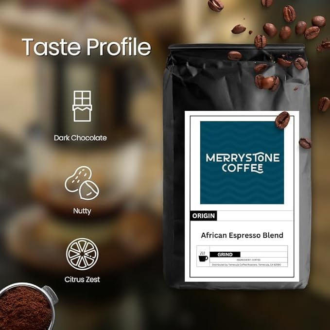 Merrystone Coffee African Espresso Blend | ROASTED TO ORDER Medium-Dark Roast STANDARD GROUND | 12 oz Bag | Citrus Zest &amp Dark Chocolate Flavor | Ethiopian Rwandan &amp Kenyan Peaberry Coffee