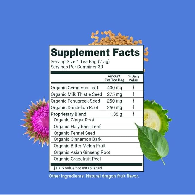 Herbaly Glucose Functional Tea - Vitality &amp Wellness - Gymnema Sylvestre Ceylon Cinnamon Bitter Melon Dandelion Root Fenugreek - Daily Teas - Organic Plant-Based Tea Bag Pyramids - 30 ct