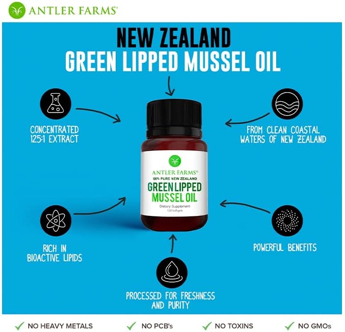 Antler Farms - 100% Pure New Zealand Green Lipped Mussel Oil Equiv. to 12500mg 120 Softgels - Powerful 125:1 Extract 2 Month Supply