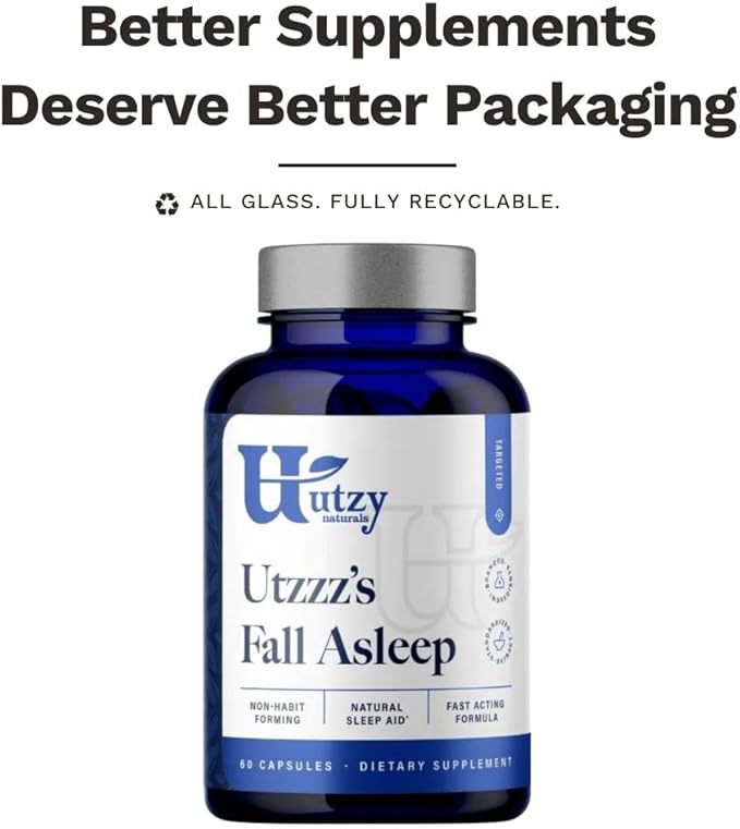 Utzy Naturals Fall Asleep | Natural Herbal Sleep Aid with Valerian Passionflower Skullcap &amp Lemonbalm | 60 Capsules