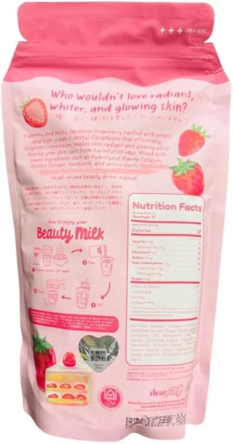 Dear Face Beauty Milk Japanese Collagen Strawberry Drink - 50000mg Hydrolyzed Collagen 6.3 Ounce