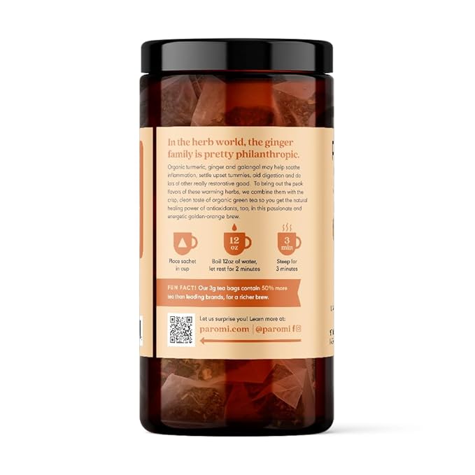 Paromi Tea Organic Turmeric Ginger Green Tea 15 Pyramid Tea Bags (Pack of 6) - Non-GMO
