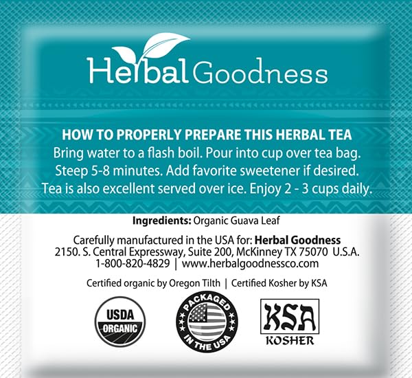 Herbal Goodness Guava Leaf Tea - 6 Packs | Herbal Tea for Natural Digestive &amp Immune Support - Hojas De Guayaba Organica for Heart-Healthy | Organic Non-GMO Caffeine-Free Antioxidant Wellness Te