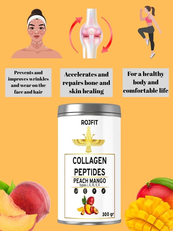 Collagen Powder Drink Mix with Types 1-5 Mango Peach Flavor for Skin Joint and Bone Health 300 gr 10.58 oz