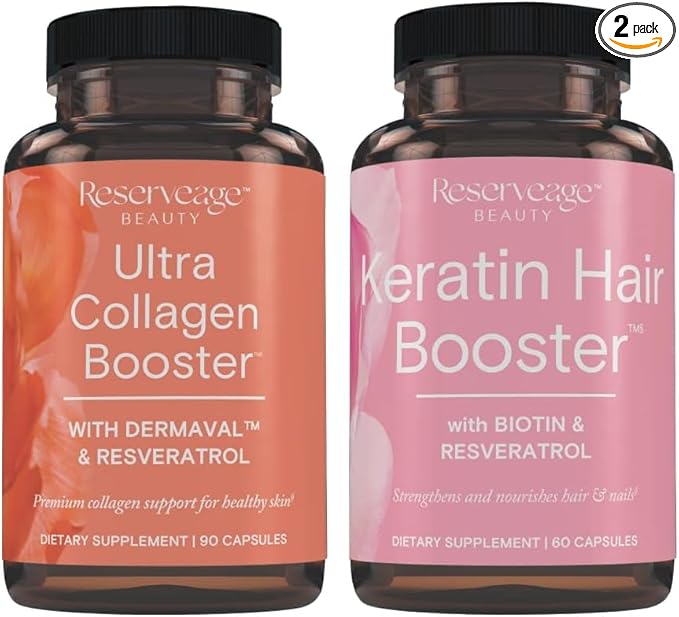 Reserveage Ultra Collagen Booster &amp Keratin Hair Booster - Features Dermaval Biotin &amp Resveratrol - Support Hair &amp Skin - 90 Ultra Collagen Capsules 60 Keratin Capsules