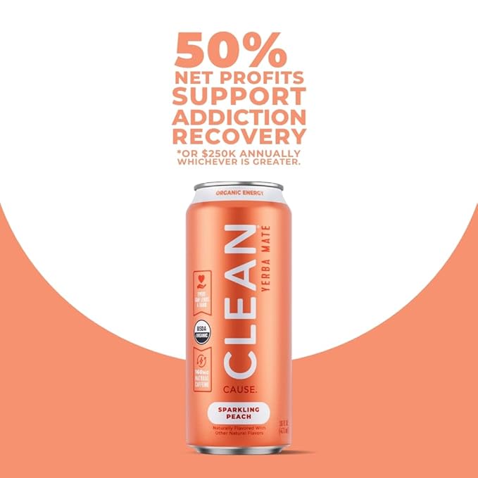 CLEAN Cause Low Calorie Peach &amp Blackberry USDA Organic Sparkling Yerba Mate Tea (16oz cans 2-12-Pack Case) Low Sugar 160mg Caffeine Healthy Alternative to Soda &amp Energy Drinks.