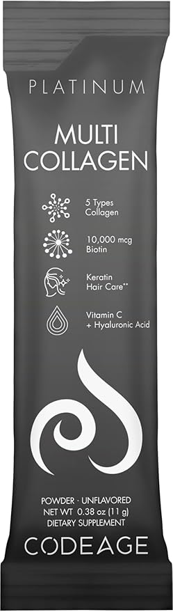 Codeage Multi Collagen and Biotin 10000 mcg + Vitamin C B6 &amp D3 Keratin Hyaluronic Acid Niacin 18 Amino Acids - Stick Packs Supplement - 5 Types Collagen Protein – 30 Powder Packets