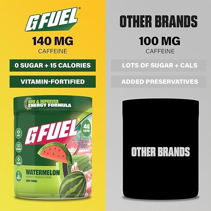 G Fuel Watermelon Energy Drink Powder Pre Workout Caffeine Mix for Gaming Sugar Free Focus Amino Vitamin + Antioxidants 9.9oz (Watermelon 40 Servings)