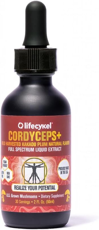 Lifecykel Cordyceps Mushroom Extract w/Kakadu Plum- Natural Energy Supplement for Fatigue &amp Stamina- Mycelium Vitamin C Antioxidants Non-GMO Organic Mushrooms Made in US 2 Fl oz (Packaging May Va