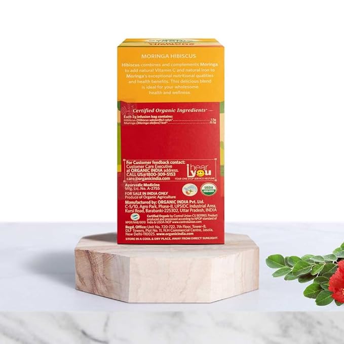 A TATA Product - Organic India Moringa Hibiscus Infusion 25 Tea Bags Certified Organic Antioxidant-Rich Caffeine-Free Whole Herb Blend