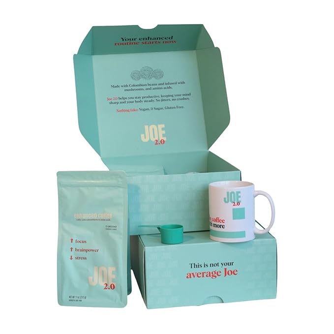 Joe 2.0 Mushroom Coffee Gift Kit – Colombian Medium Roast Ground Coffee with Lion’s Mane &amp Ashwagandha – Includes Branded Mug &amp Coffee Spoon – Supports Calm Focus – 20 Servings
