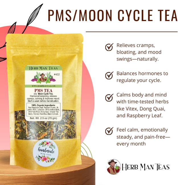 MOON CYCLE PMS TEA – Monthly Cycle &amp PMS Support – Organic Loose Leaf – by Master Herbalist Khabir | Red Raspberry Leaf Chaste Tee Berry &amp Dong Quai