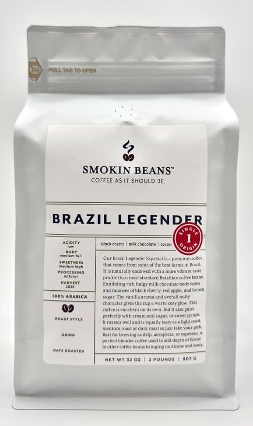 Smokin Beans 2-Pound Brazil Legender Freshly Roasted Coffee Natural Processing Medium Roast Premium Whole Bean Specialty Coffee