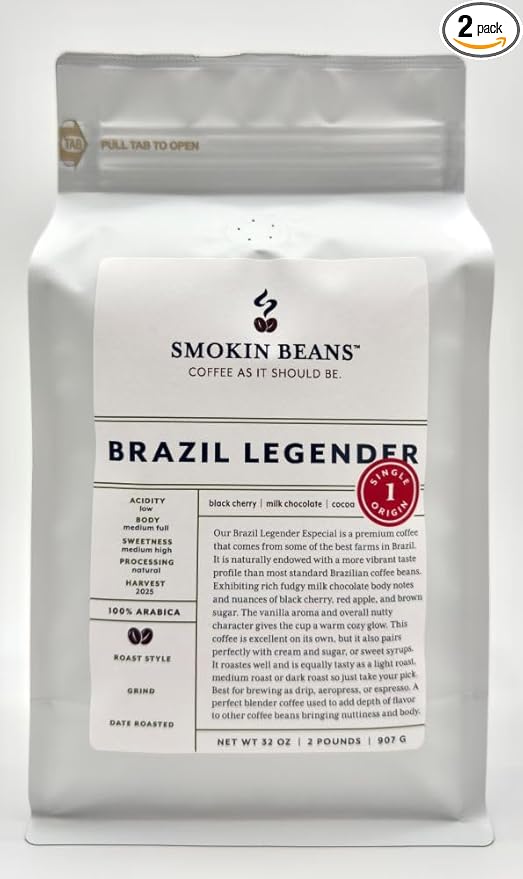Smokin Beans 2-Pound Brazil Legender Freshly Roasted Coffee Natural Processing Medium Roast Premium Whole Bean Specialty Coffee